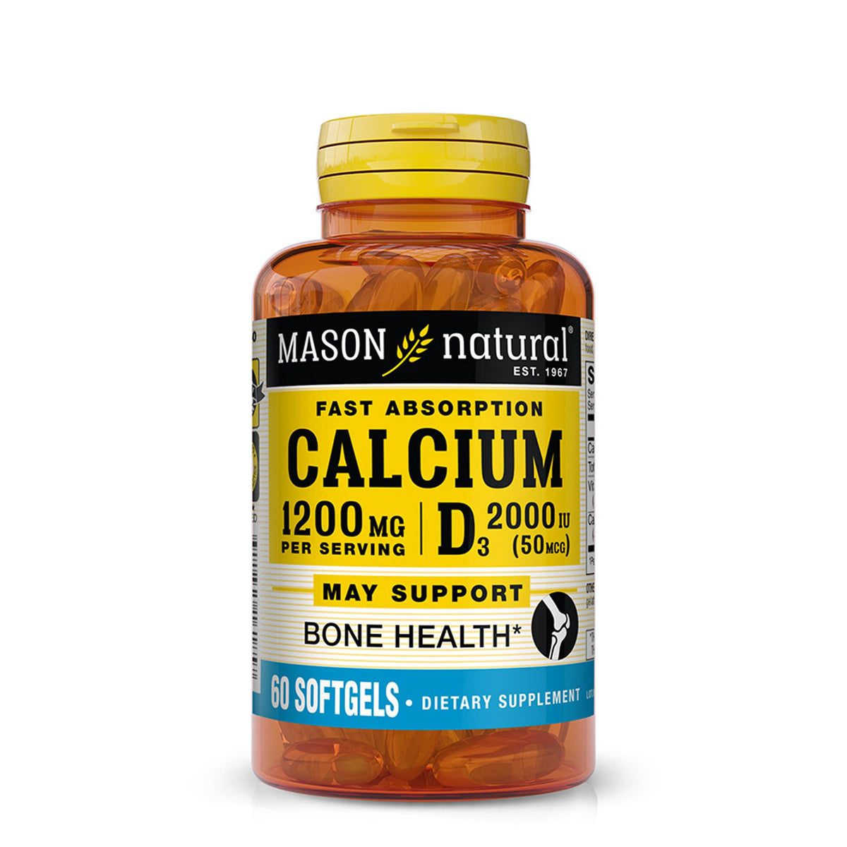 Mason Natural calcium with vitamin D3 softgels on bottle, supporting bone health and immune function.