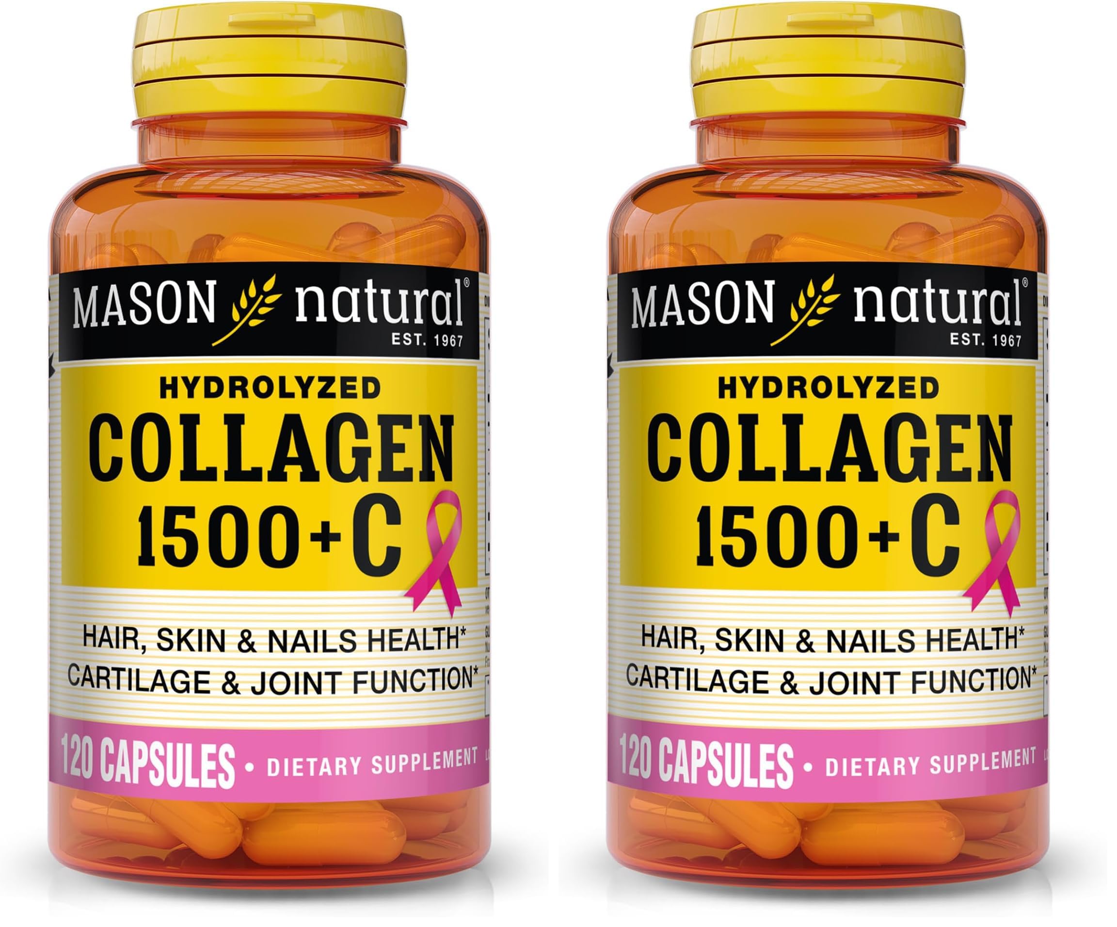 Mason Natural collagen 1500mg bottle label highlights collagen for hair, skin, and nails.