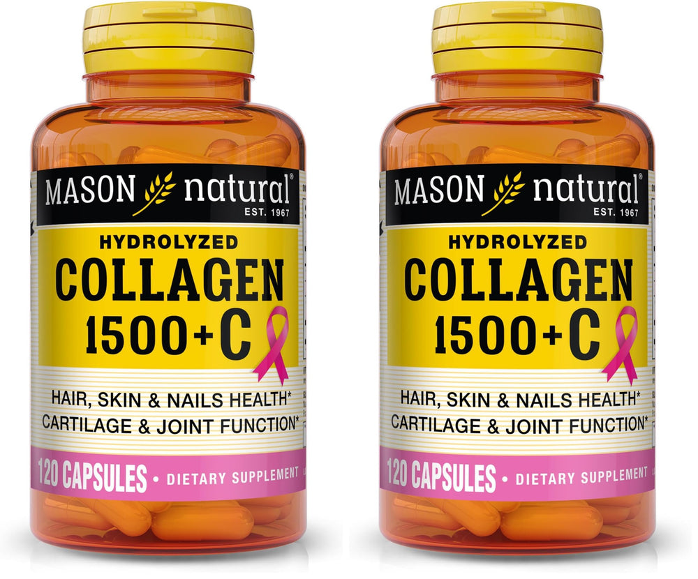 Mason Natural collagen 1500mg bottle label highlights collagen for hair, skin, and nails.