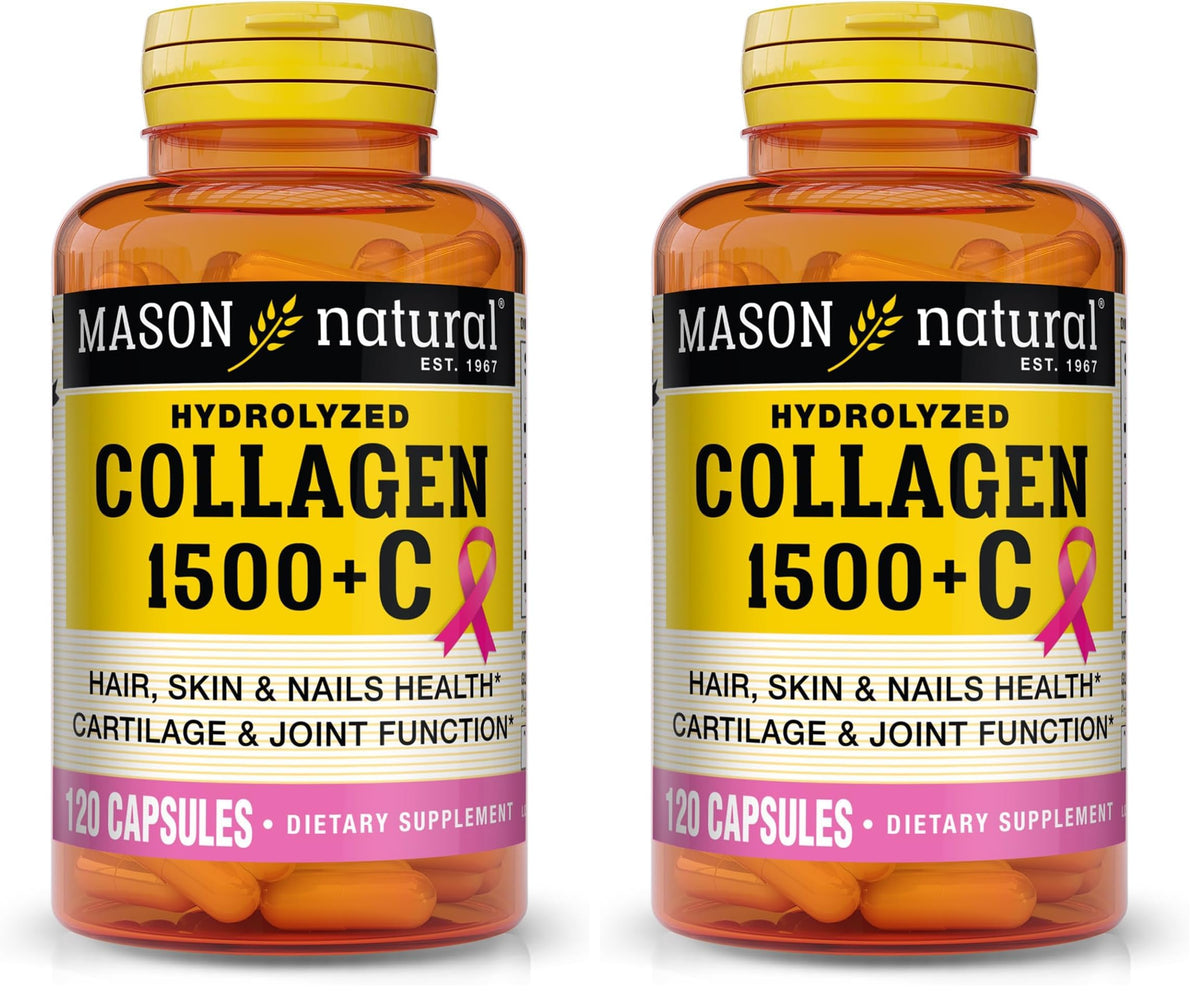 Mason Natural collagen 1500mg bottle label highlights collagen for hair, skin, and nails.