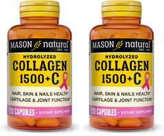 Mason Natural collagen 1500mg bottle label highlights collagen for hair, skin, and nails.