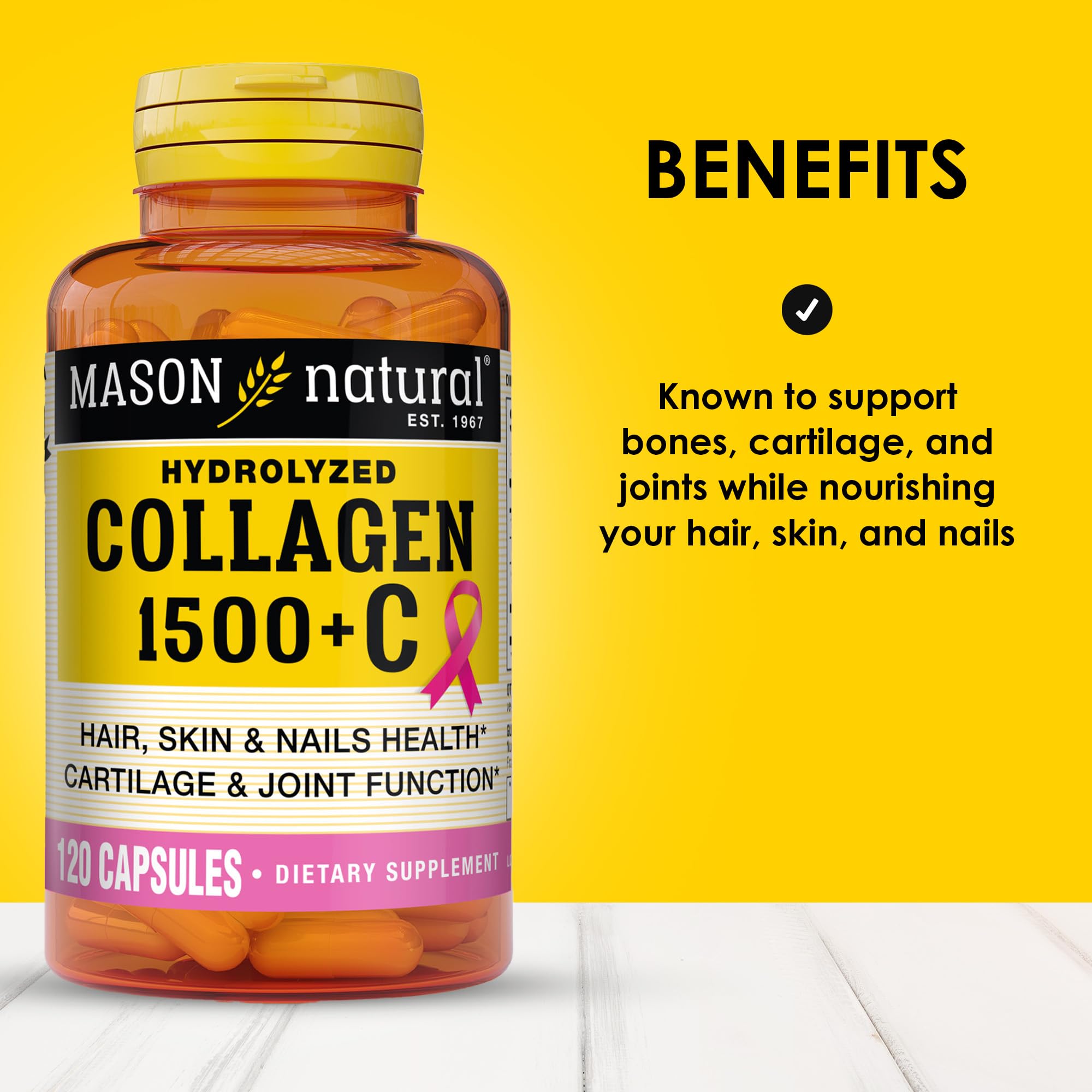 Mason Natural collagen capsules in hand suggest easy daily dosage for beauty support.