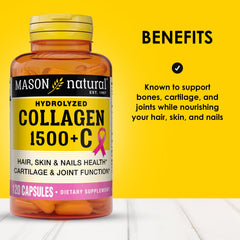 Mason Natural collagen capsules in hand suggest easy daily dosage for beauty support.