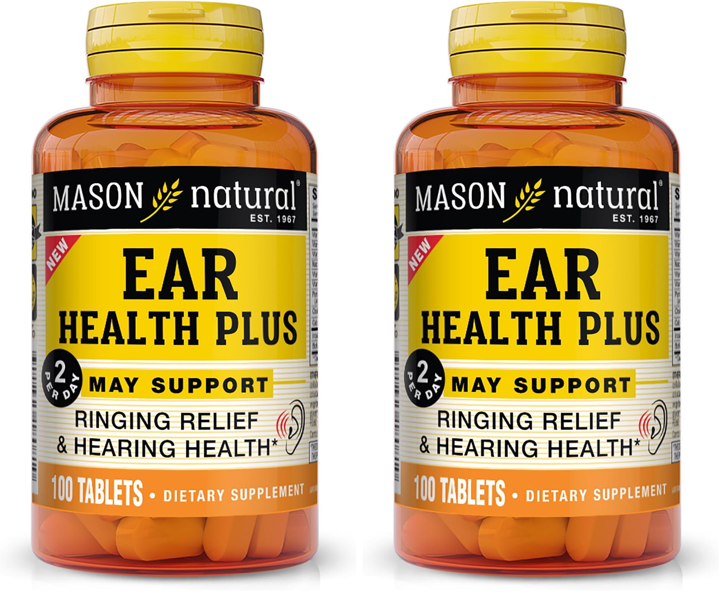 Mason Natural Ear Health Plus bottle front, daily support for normal ear function.