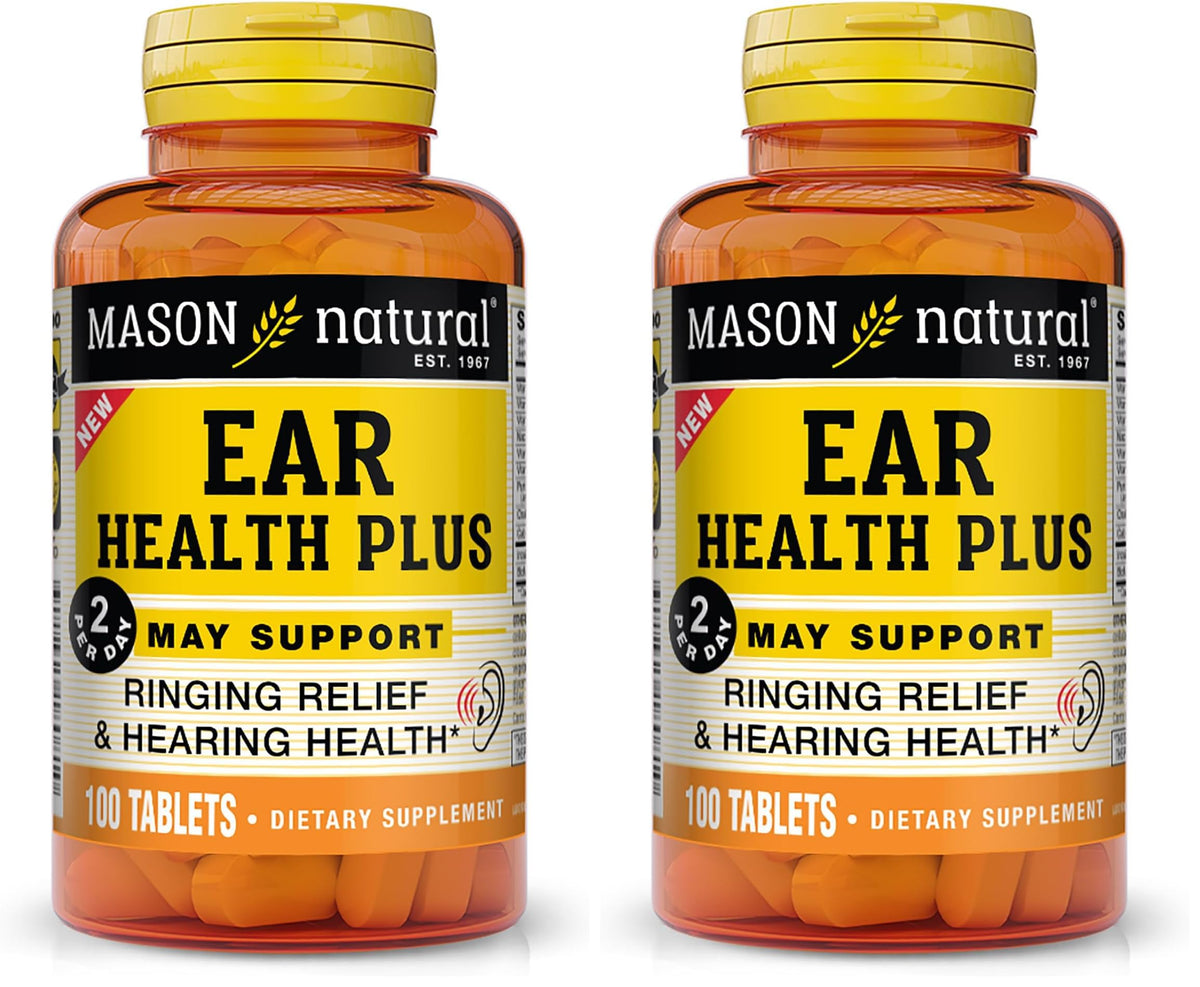 Mason Natural Ear Health Plus bottle front, daily support for normal ear function.