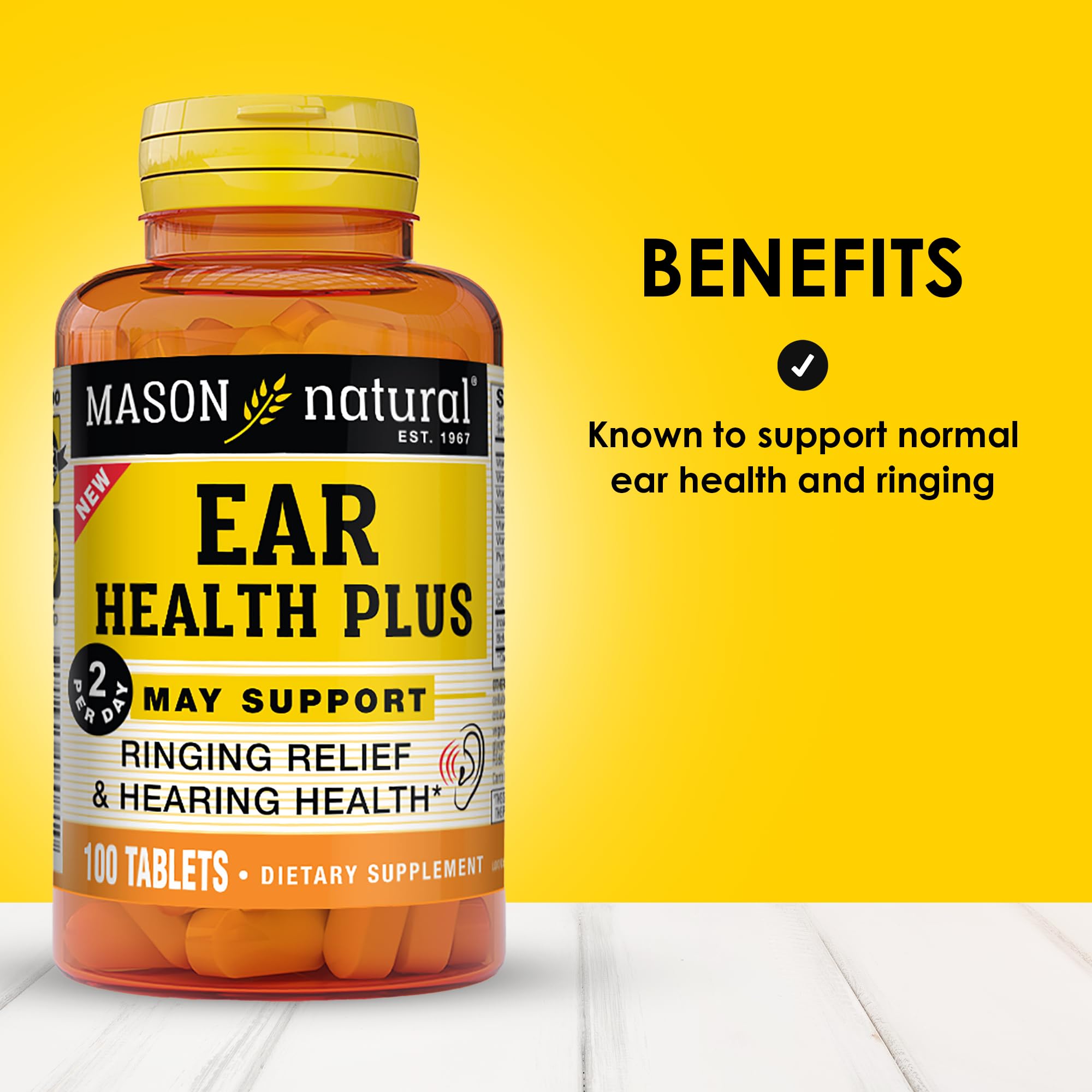 Mason Natural Ear Health Plus bottle label showing ingredients and per-pack guidance.
