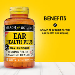 Mason Natural Ear Health Plus bottle label showing ingredients and per-pack guidance.