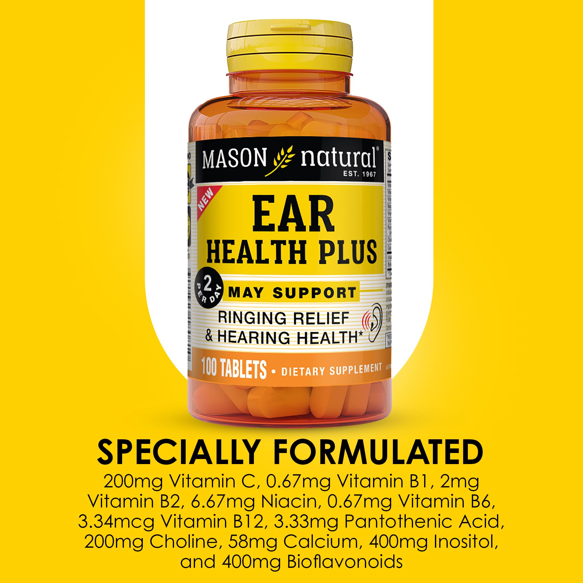 Close-up of dosage directions on Mason Natural Ear Health Plus bottle.