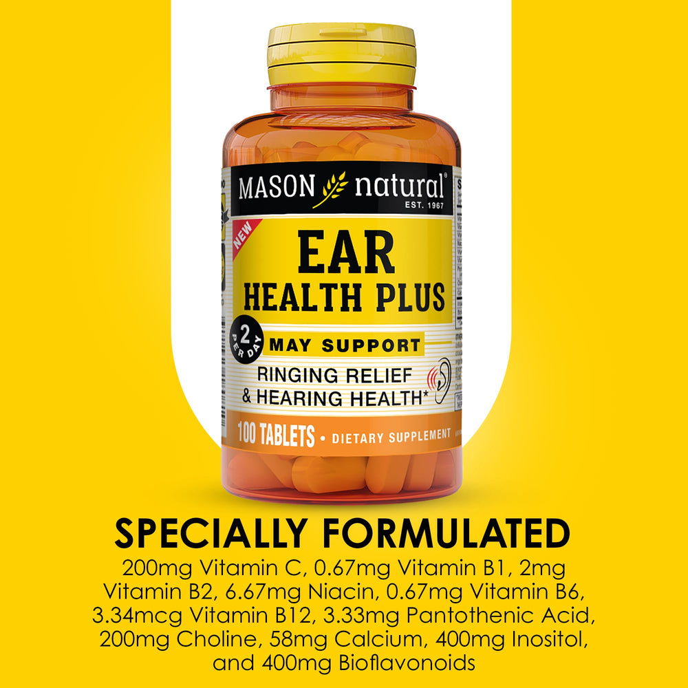 Close-up of dosage directions on Mason Natural Ear Health Plus bottle.