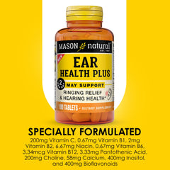 Close-up of dosage directions on Mason Natural Ear Health Plus bottle.