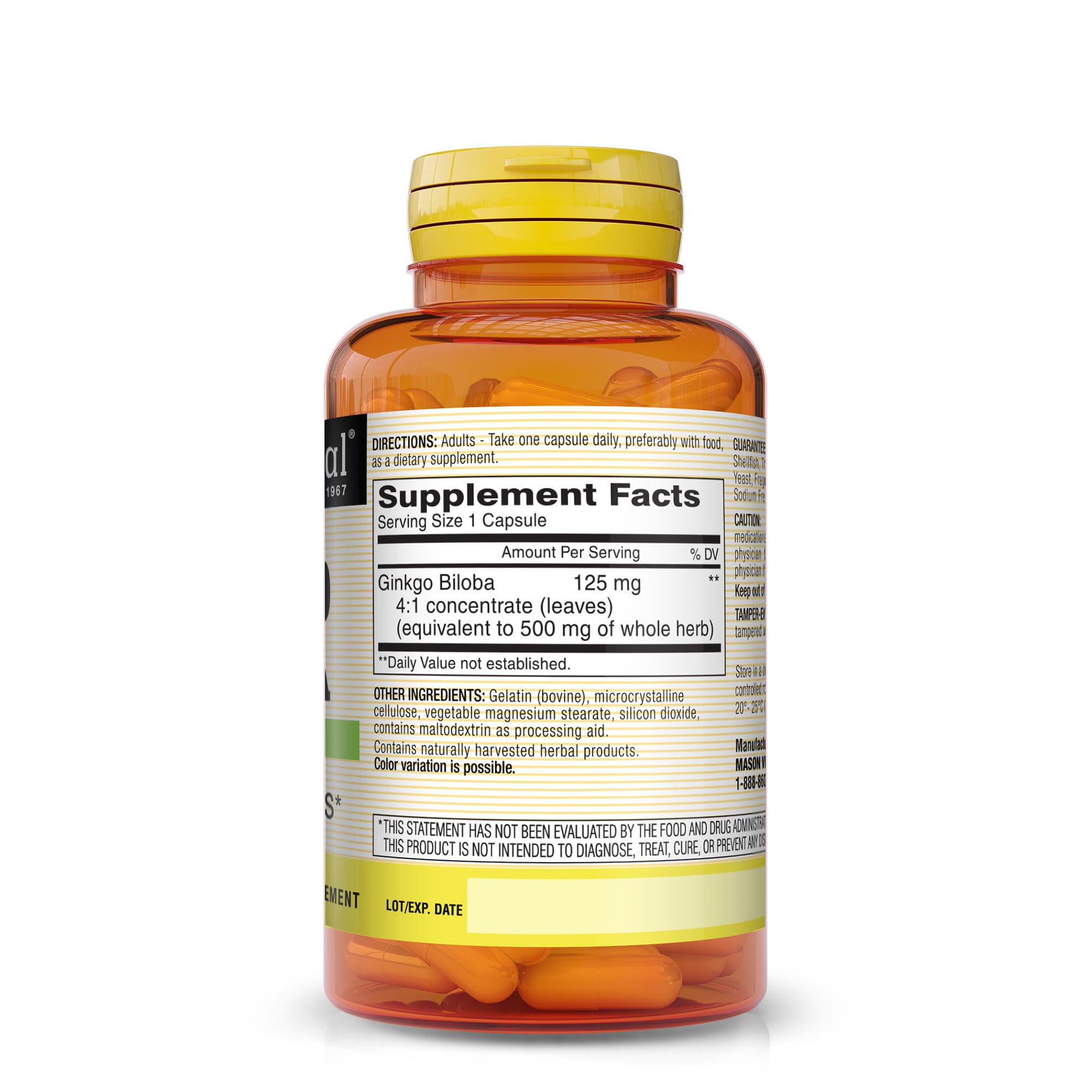Mason Natural Ginkgo Biloba bottle front view; convenient daily capsule