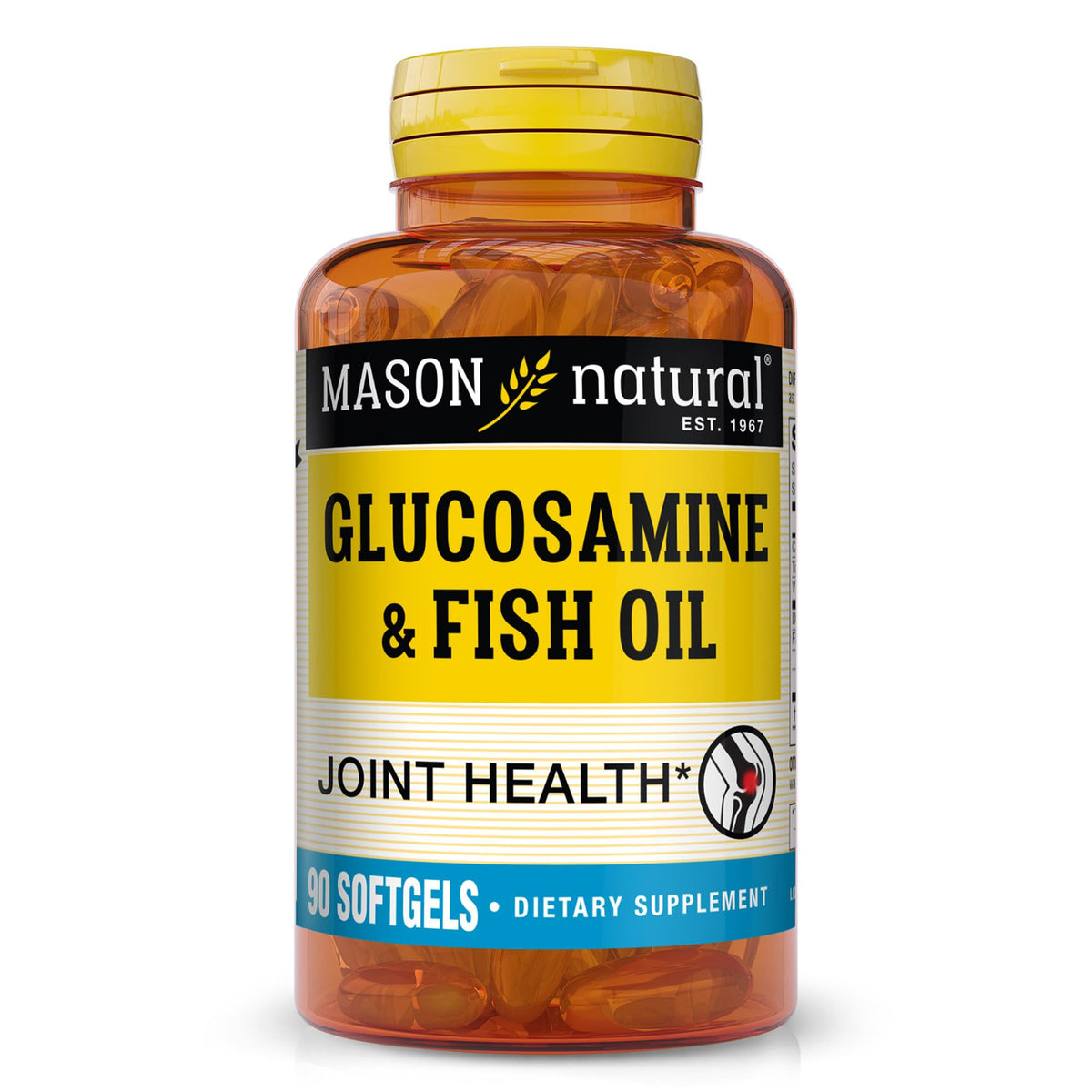 Mason Natural glucosamine fish oil bottle front shows joint support potential