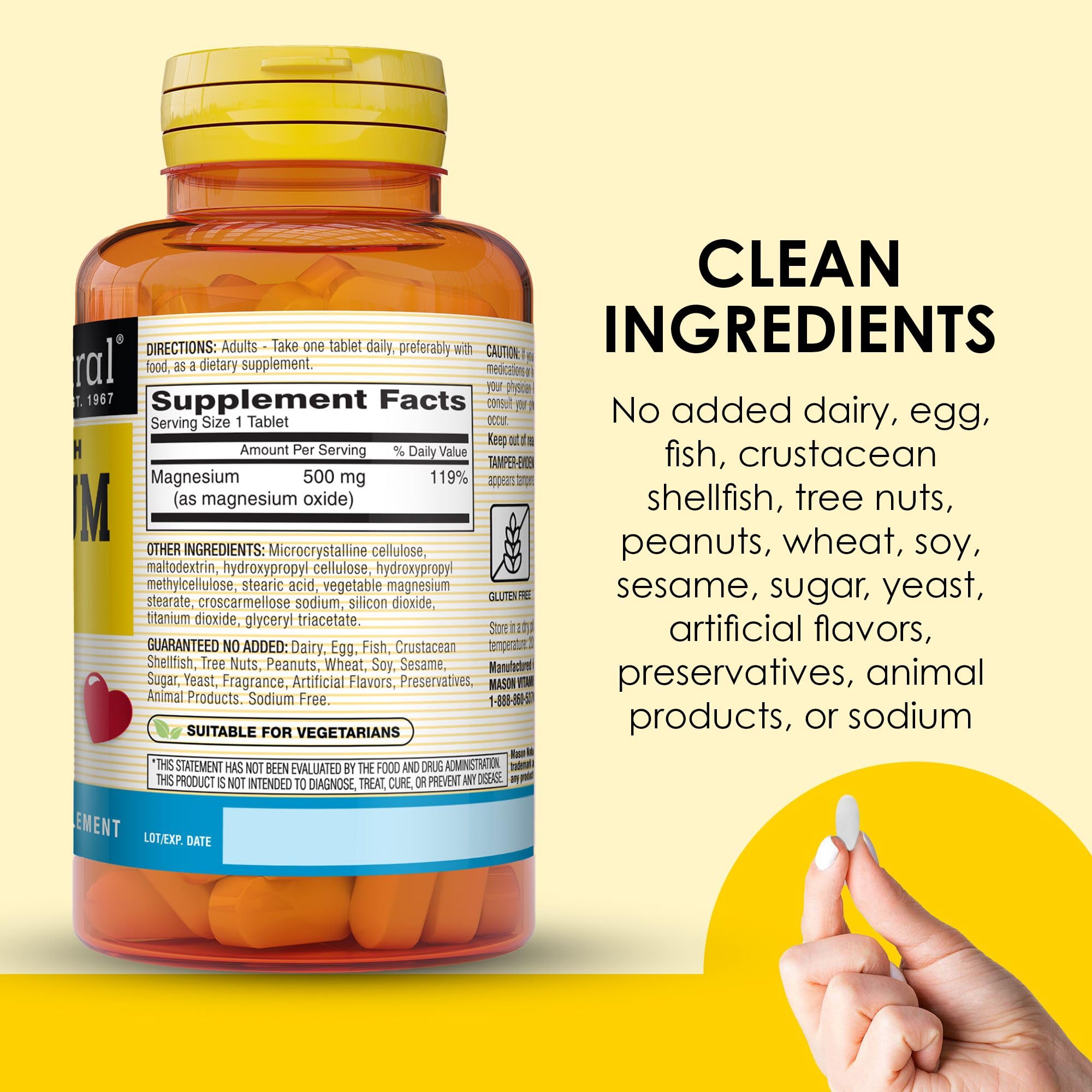 Mason Natural Magnesium bottle label detail emphasizes clean ingredients.
