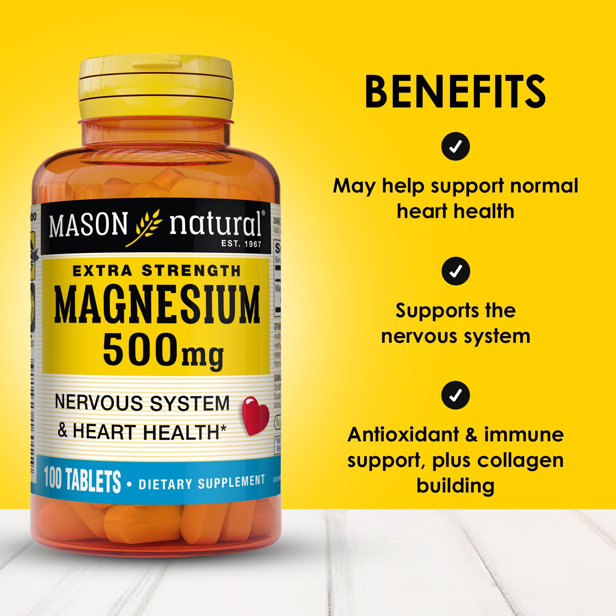Mason Natural Magnesium tablets close-up showing 500 mg dosage.