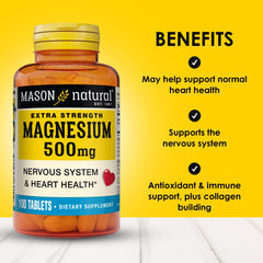 Mason Natural Magnesium tablets close-up showing 500 mg dosage.