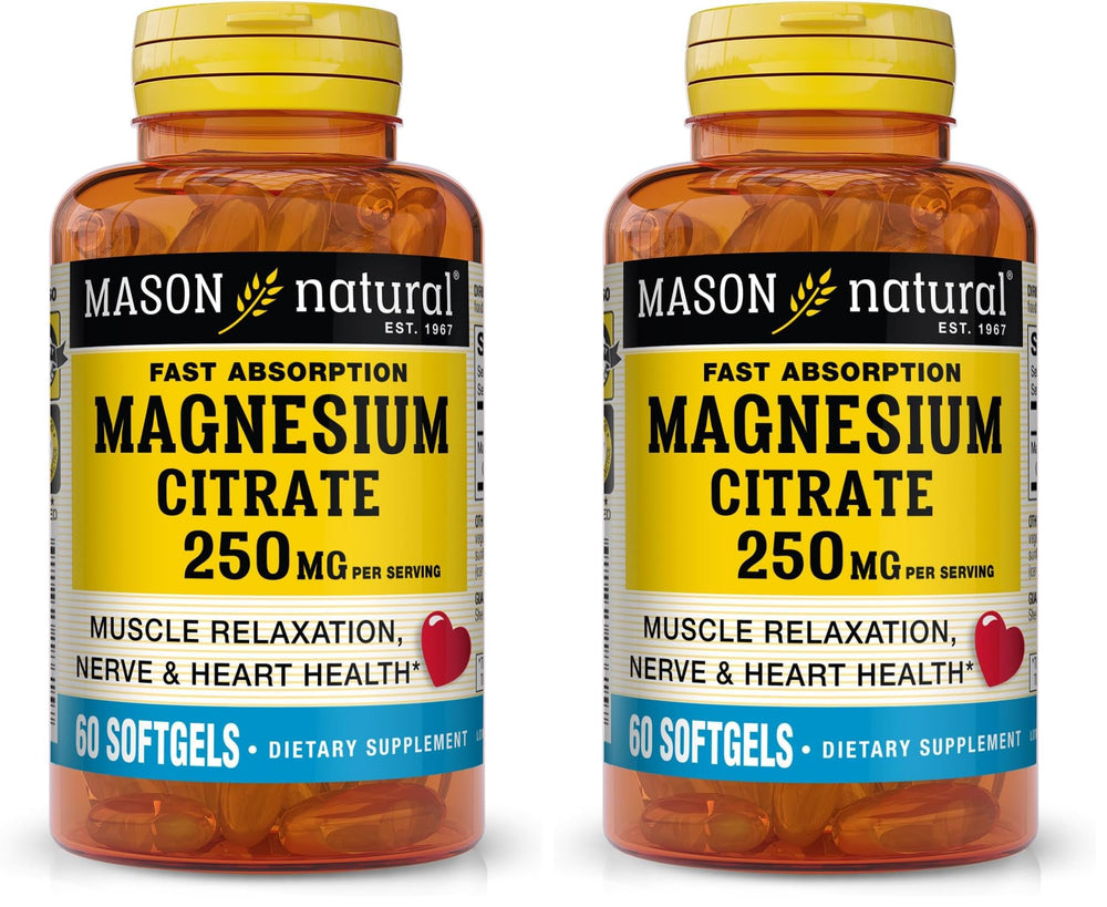 Mason Natural Magnesium Citrate bottle front for daily support of muscles and nerves.