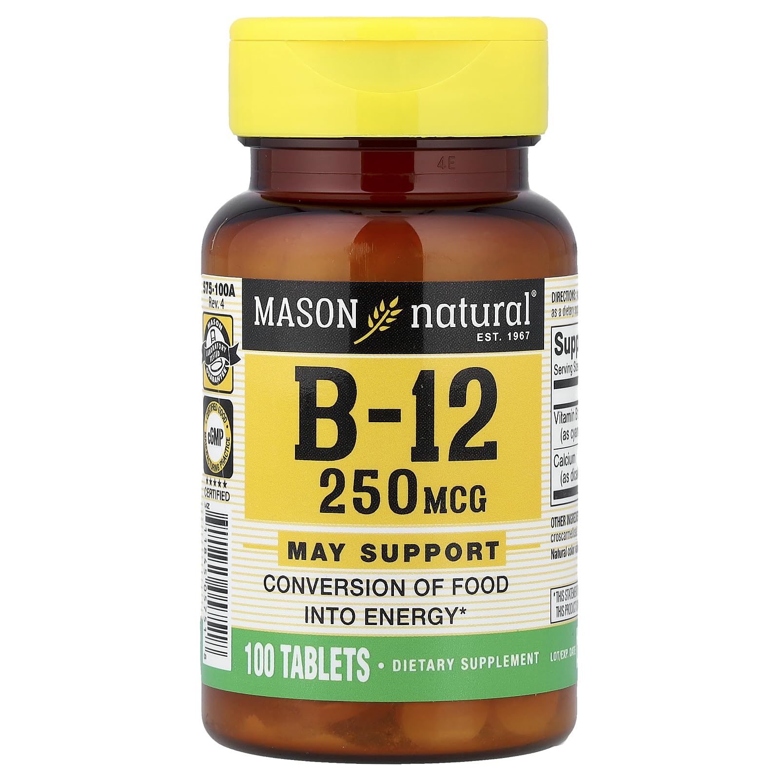 Mason Natural B12 250mcg tablets in bottle, daily energy support.