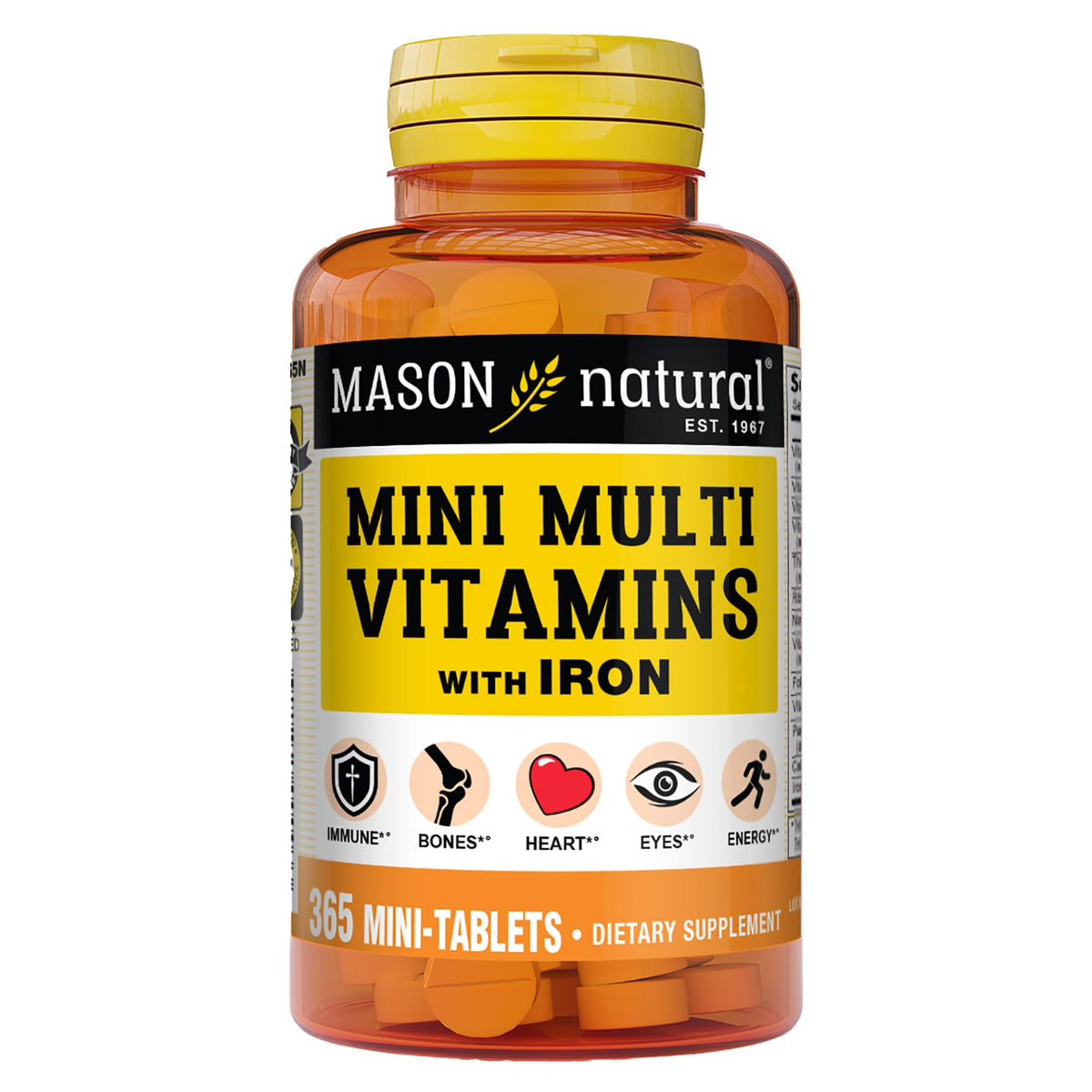 Mason Natural mini multivitaminas con hierro en tableta, ideal para la dosis diaria.