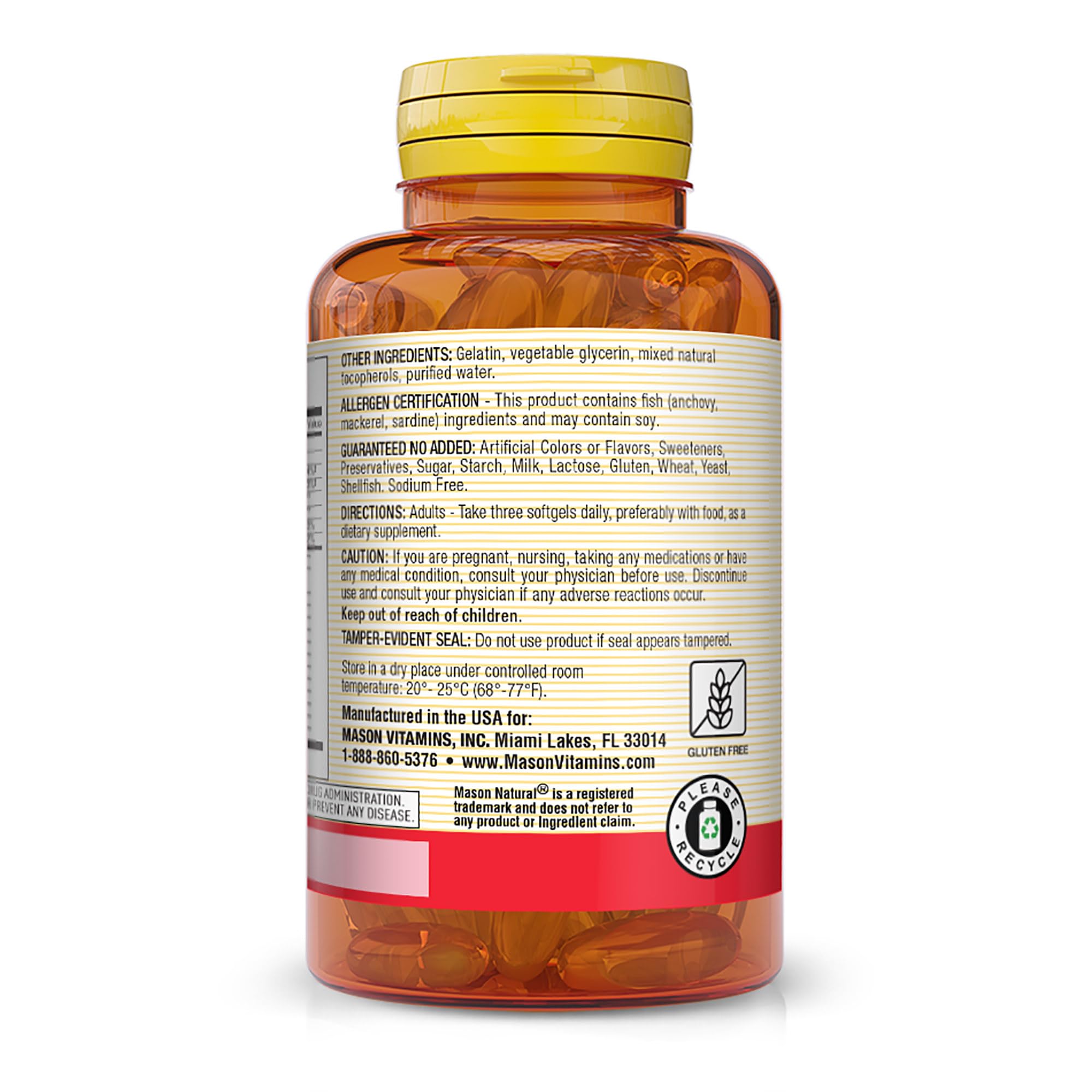 Mason Natural Omega 3-6-9 ingredients blend highlights fish, flaxseed, and borage oils.