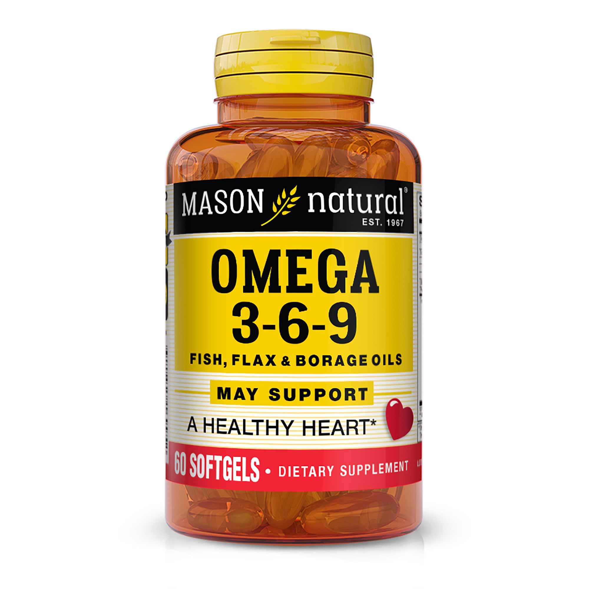 Mason Natural Omega 3-6-9 softgels bottle supports balanced fatty acids for daily wellness.