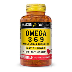 Mason Natural Omega 3-6-9 softgels bottle supports balanced fatty acids for daily wellness.