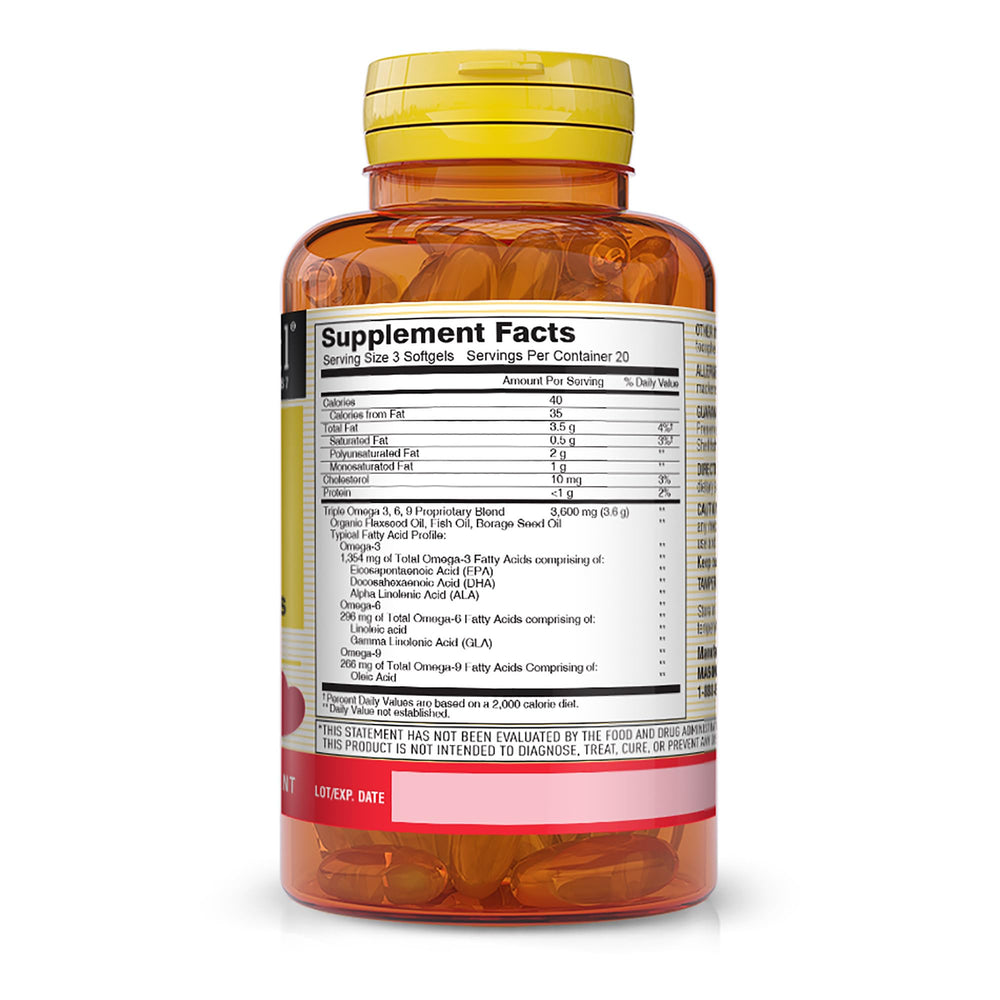 Mason Natural Omega 3-6-9 softgels pour illustrates easy daily intake for heart and brain support.
