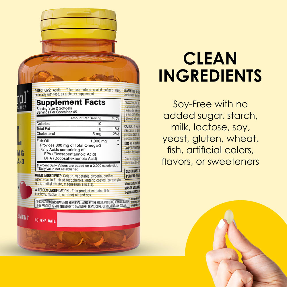 Mason Natural Omega-3 supplement facts panel for daily use.