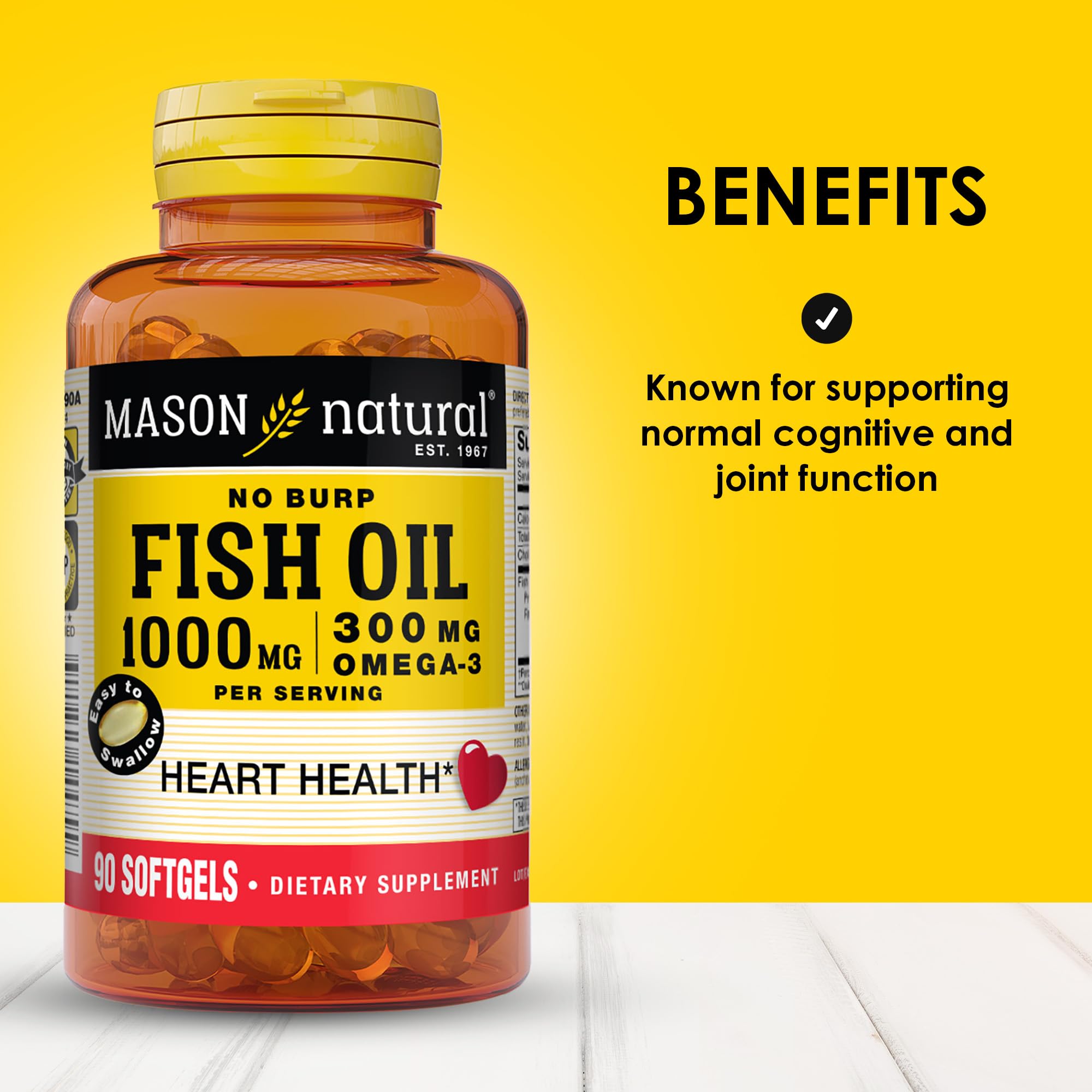 Closeup of Mason Natural Omega-3 softgels, highlighting 1000 mg per serving.