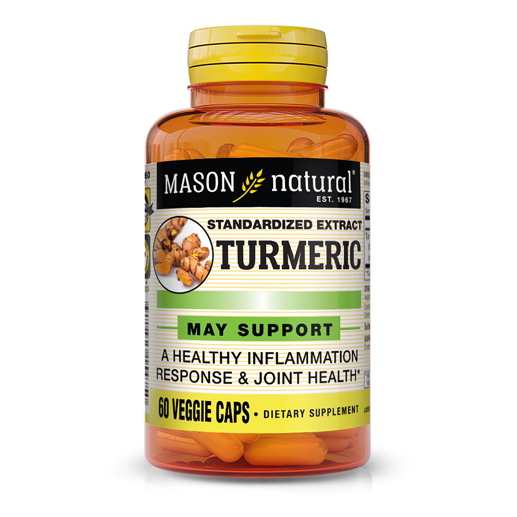 Mason Natural Turmeric 500 mg bottle front highlighting high-potency 95% curcuminoids for daily wellness.