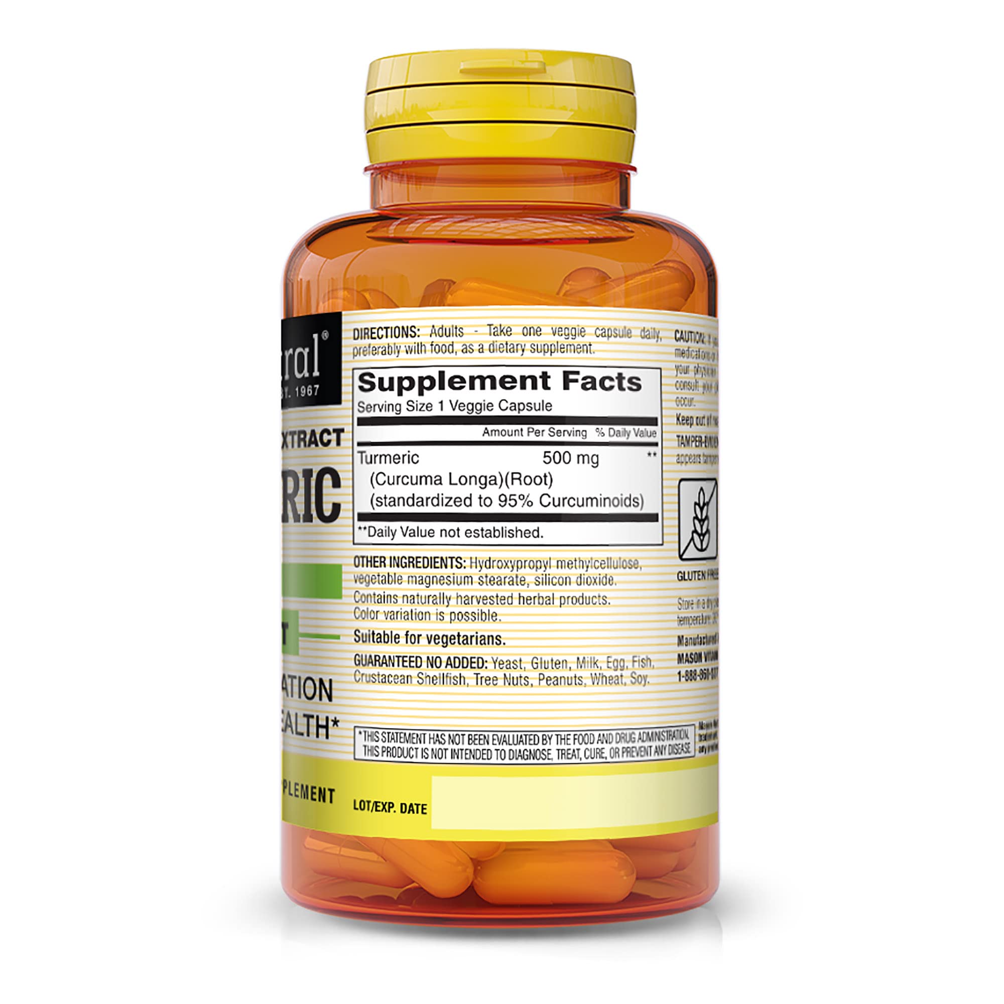 Close-up of Mason Natural Turmeric 500 mg capsules representing daily wellness.
