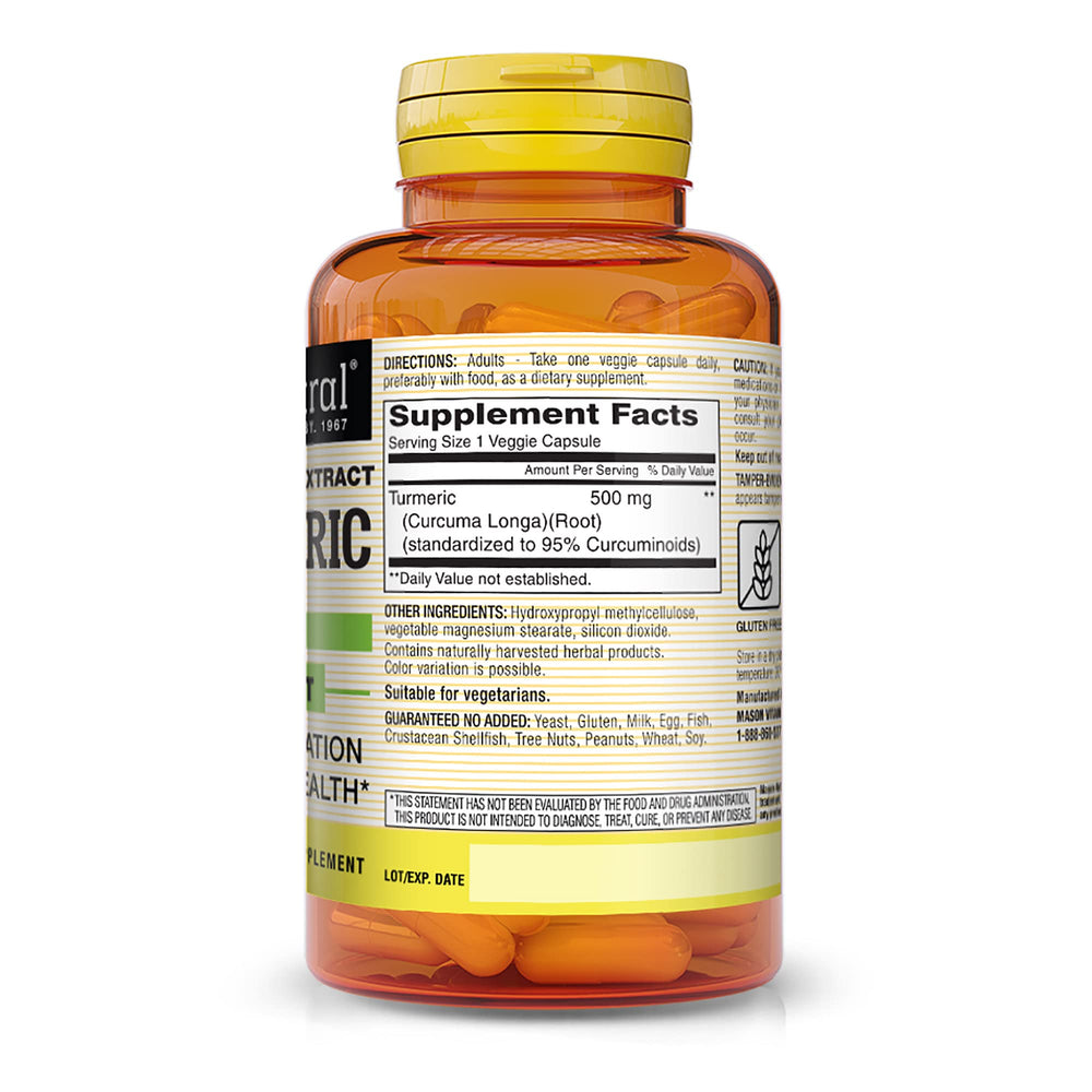 Close-up of Mason Natural Turmeric 500 mg capsules representing daily wellness.