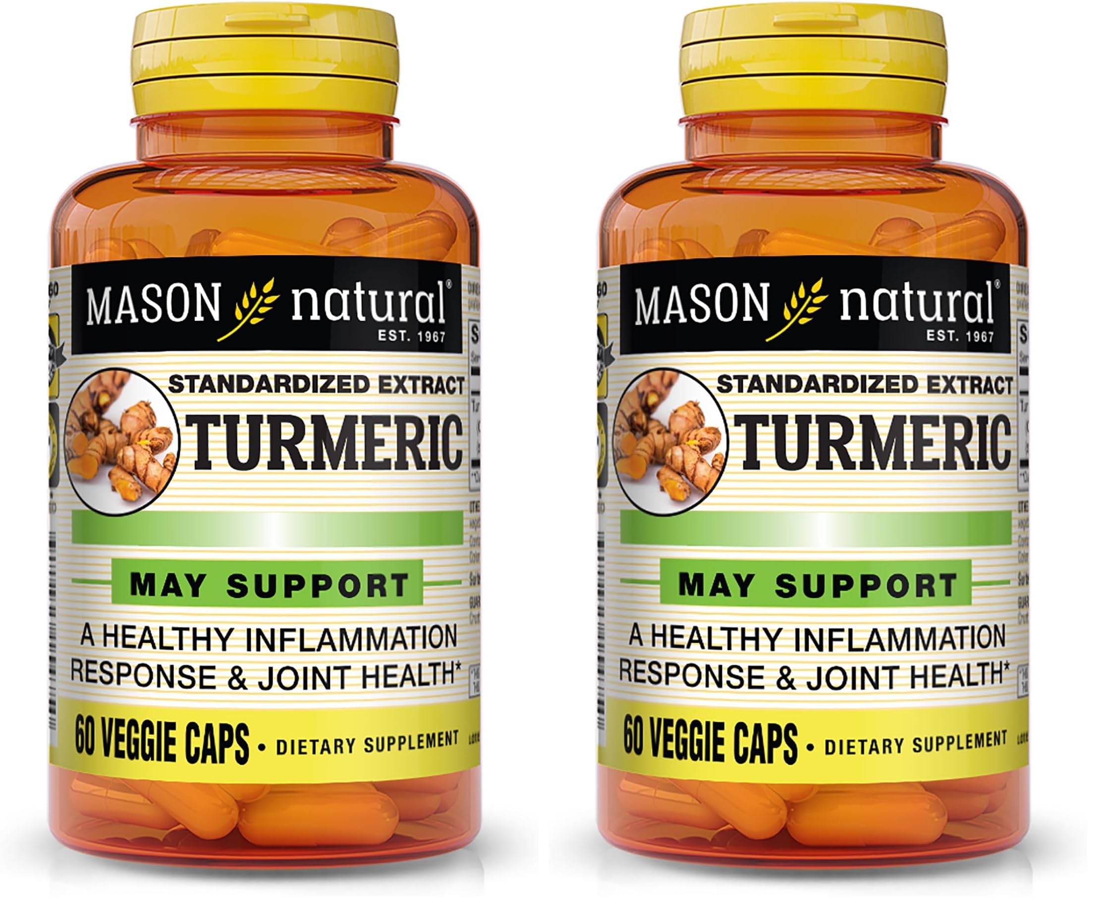 Mason Natural Turmeric 500 mg capsules on a bottle label highlighting joint support.