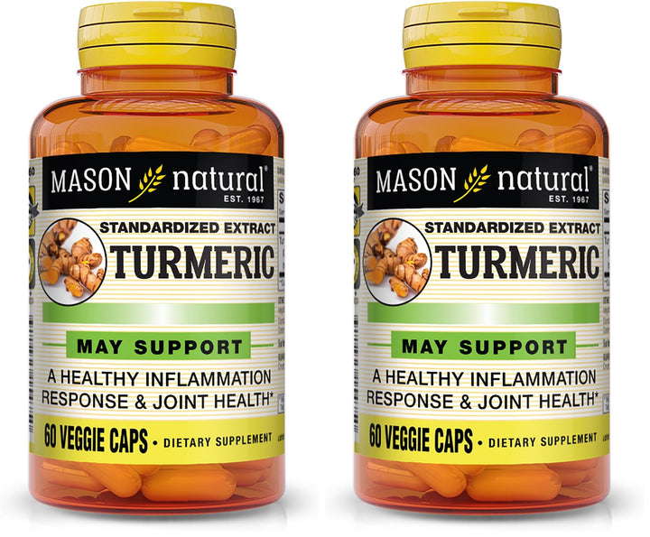 Mason Natural Turmeric 500 mg capsules on a bottle label highlighting joint support.