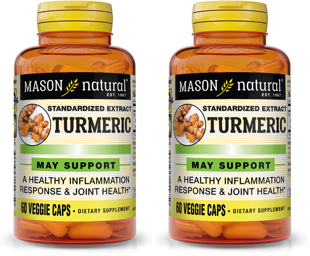Mason Natural Turmeric 500 mg capsules on a bottle label highlighting joint support.