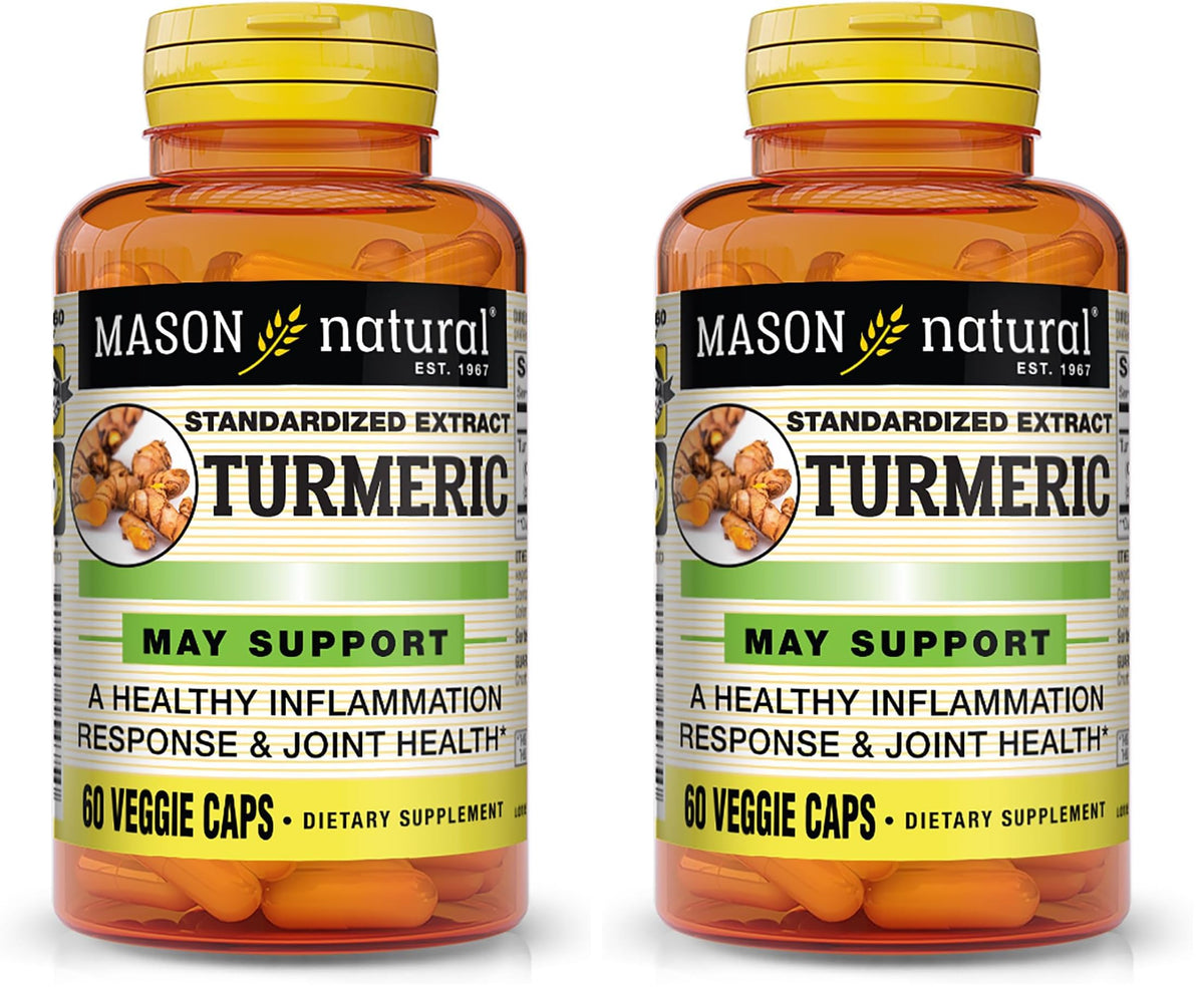 Mason Natural Turmeric 500 mg capsules on a bottle label highlighting joint support.