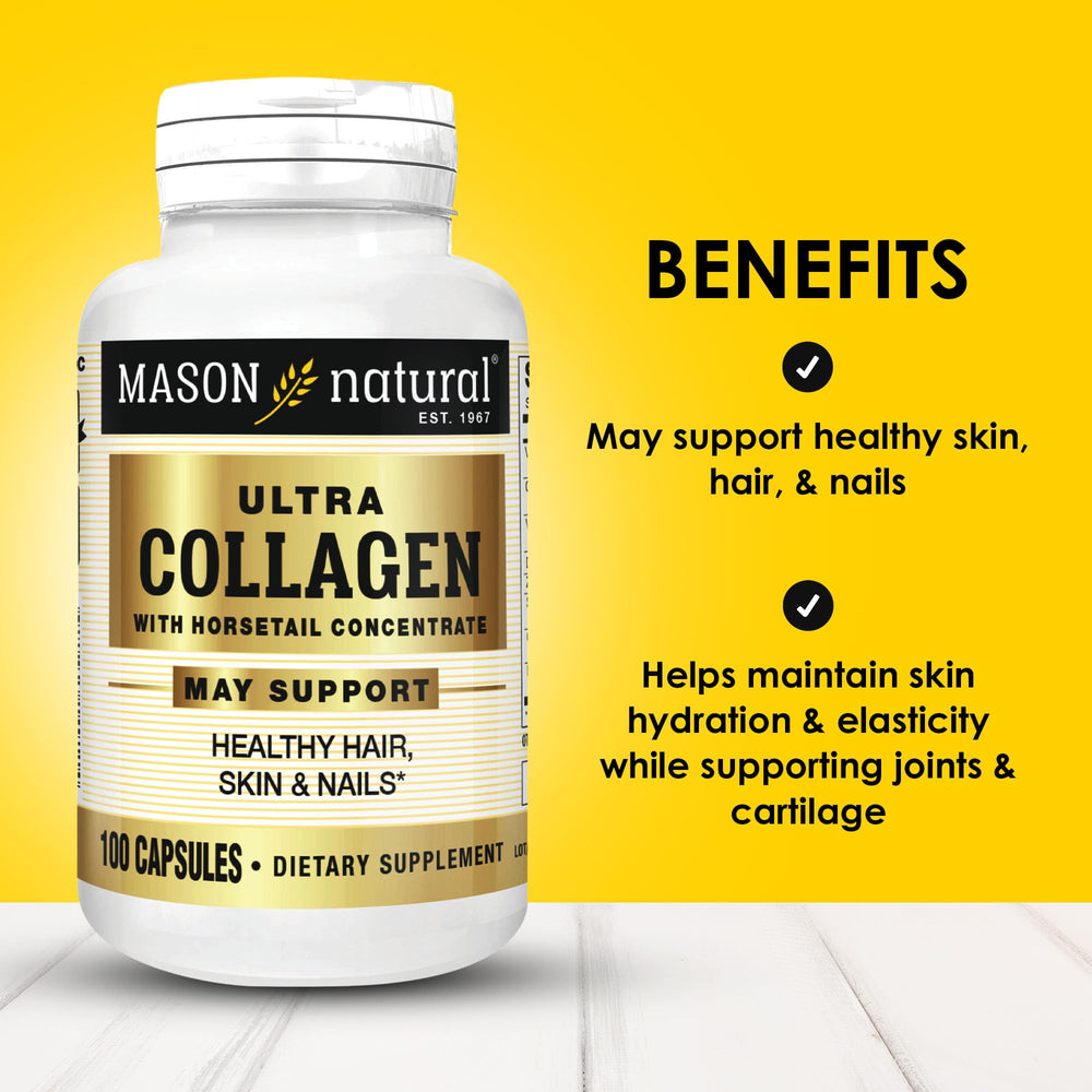 Mason Natural Ultra Collagen capsules close-up showing easy daily intake.