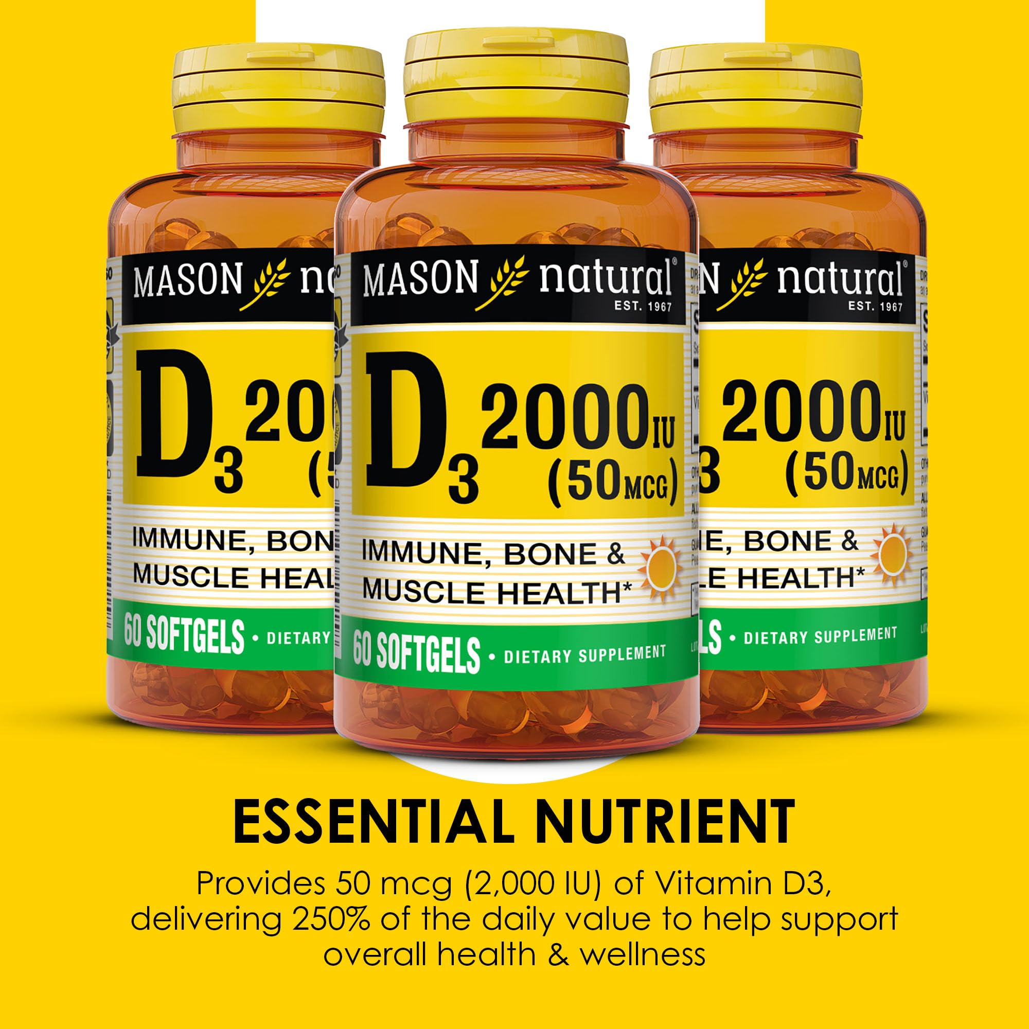 Mason Natural Vitamin D3 bottle front view with easy-to-read label.