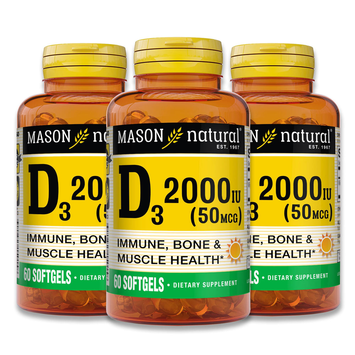 Mason Natural Vitamin D3 2000 IU bottle pour scene for bone health support.