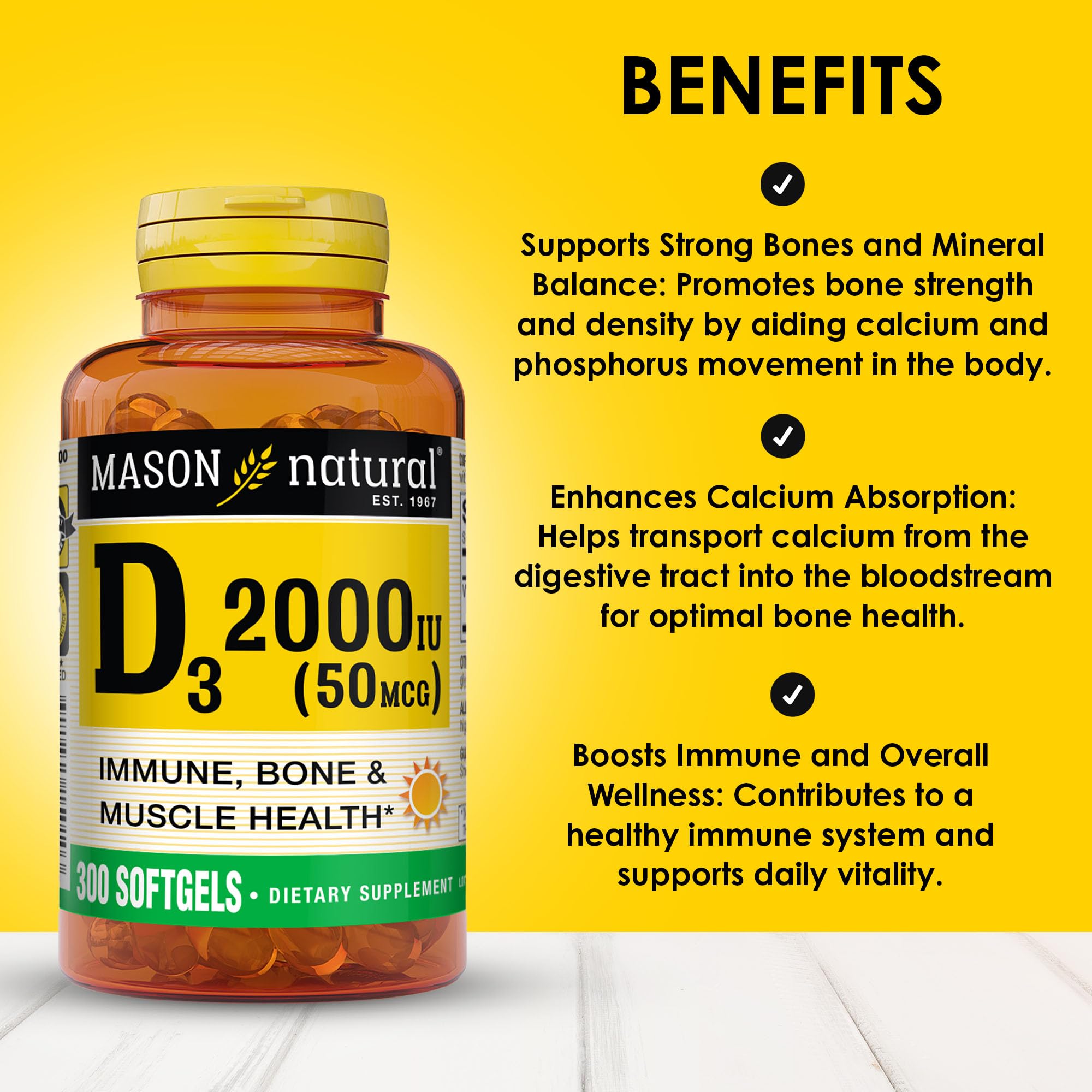 Mason Natural Vitamin D3 capsules close-up highlighting softgels for daily wellness.
