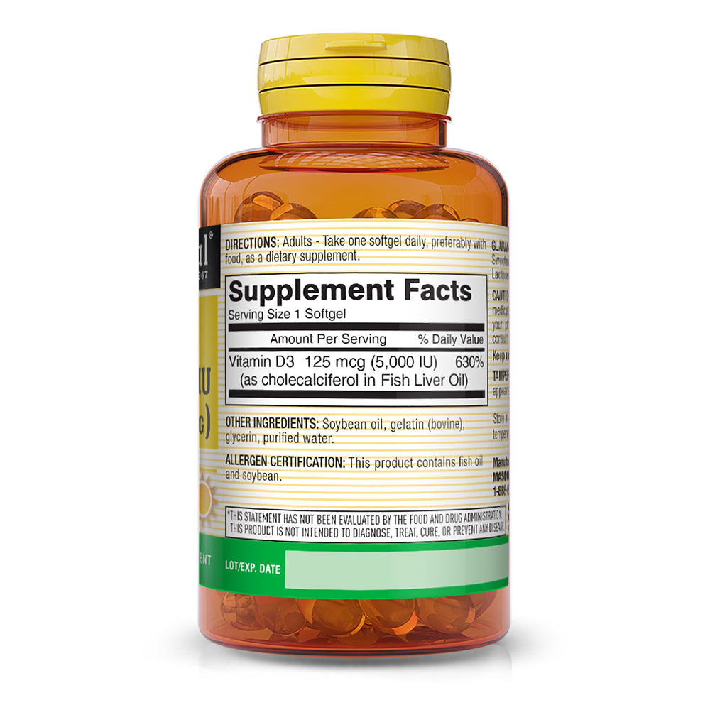 Mason Natural Vitamin D3 label displays 125 mcg (5000 IU) per softgel.