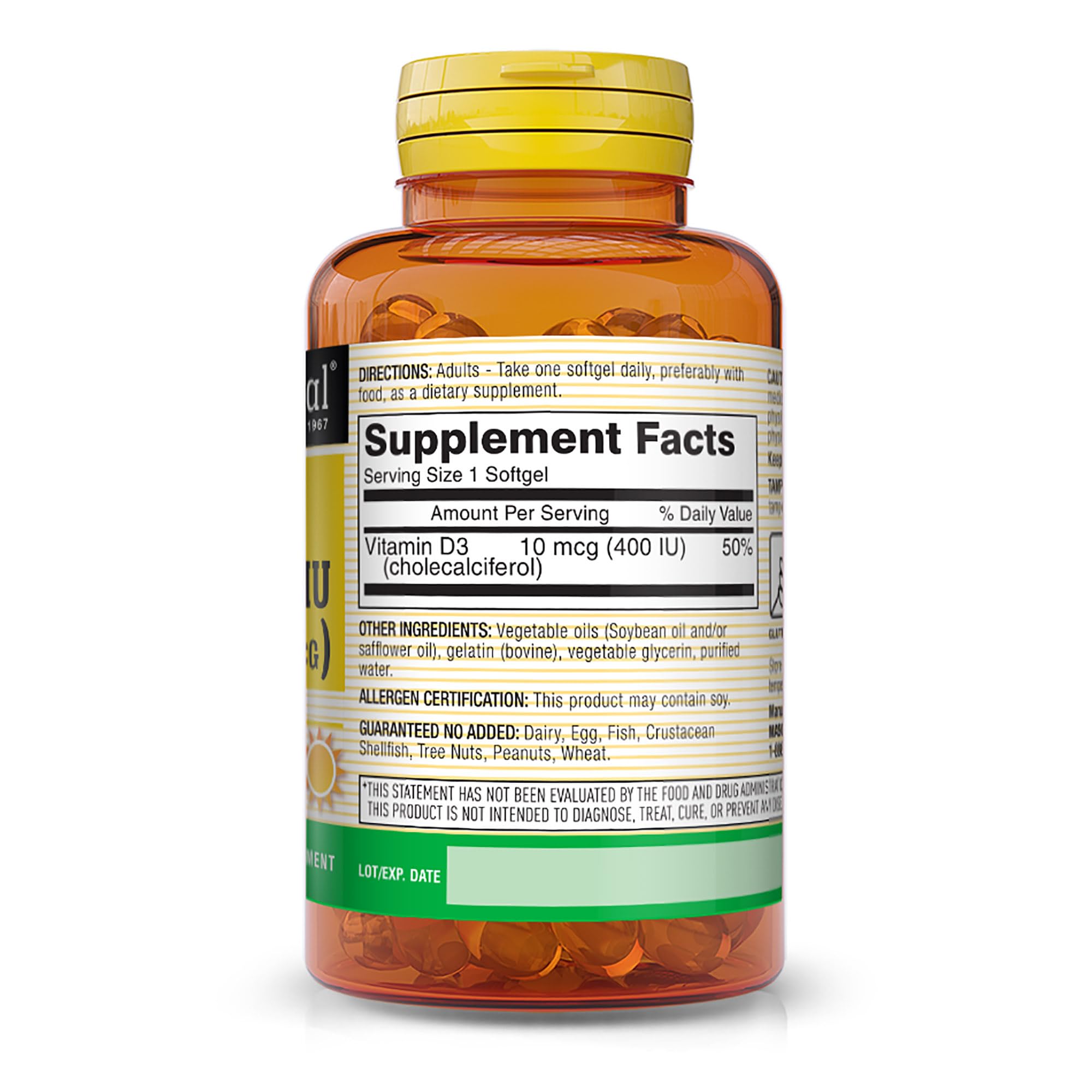 Mason Natural Vitamin D3 bottle label emphasizes calcium absorption and immune wellness.