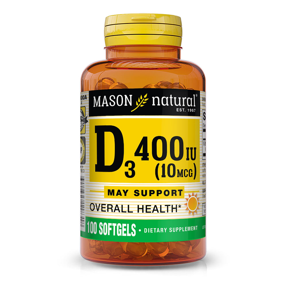Mason Natural Vitamin D3 softgels in a bottle highlight bone health support.