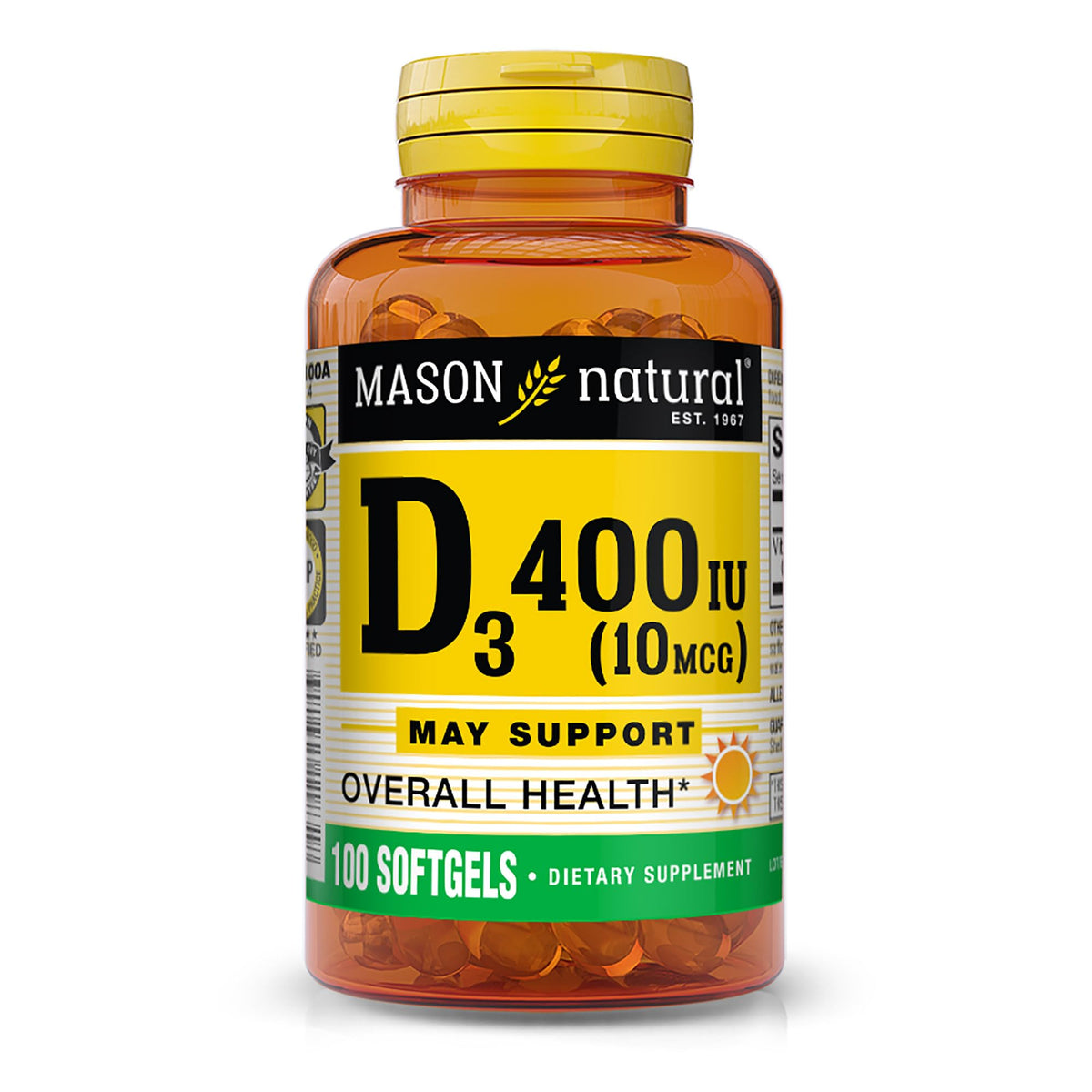 Mason Natural Vitamin D3 softgels in a bottle highlight bone health support.