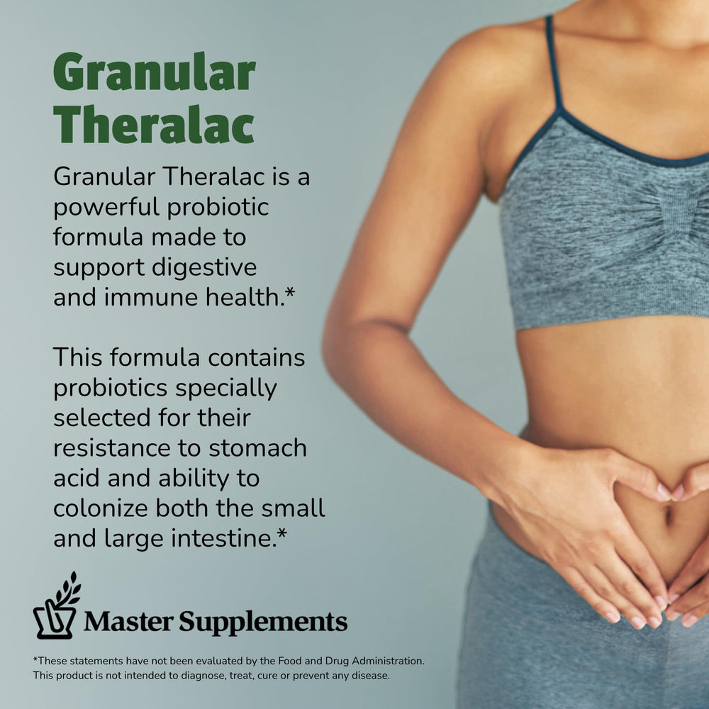 Master Supplements Theralac probiotic powder label highlights vegan and gluten-free benefits
