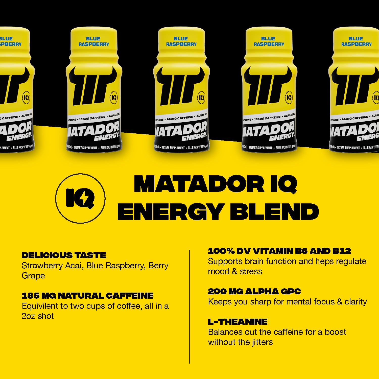 Matador energy shot blue raspberry close-up of ingredients.