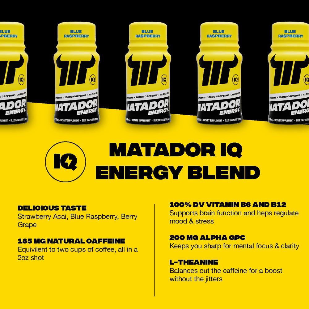 Matador energy shot blue raspberry close-up of ingredients.