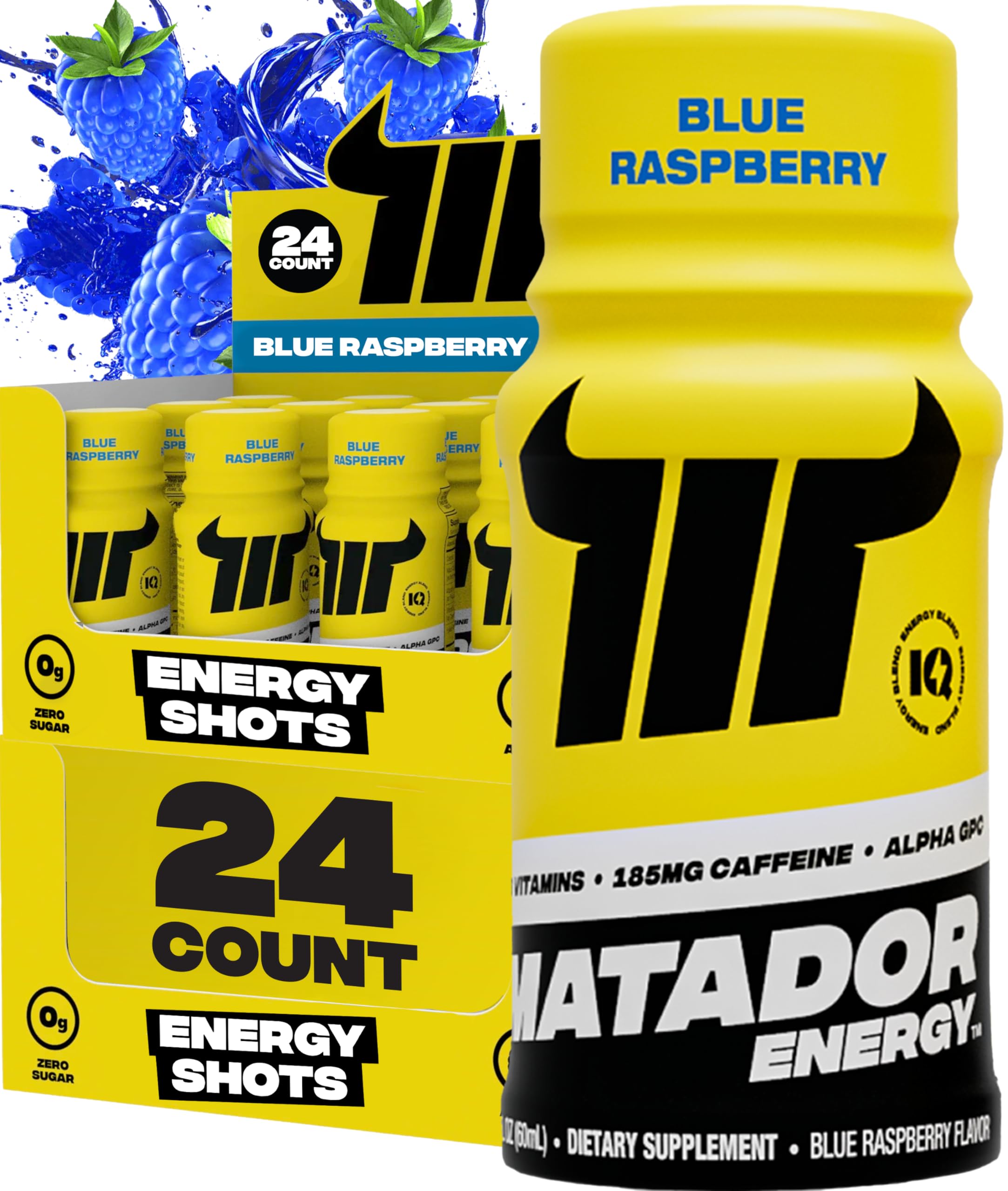 Matador energy shot blue raspberry bottle front for on-the-go energy.