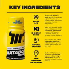 Matador energy shot blue raspberry pack shot, shows 24-shot supply.