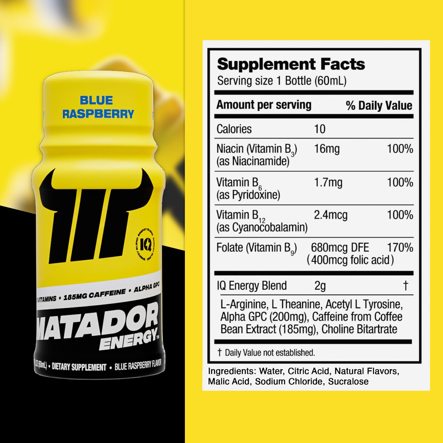 Matador energy shot blue raspberry bottle side profile, compact travel buddy.