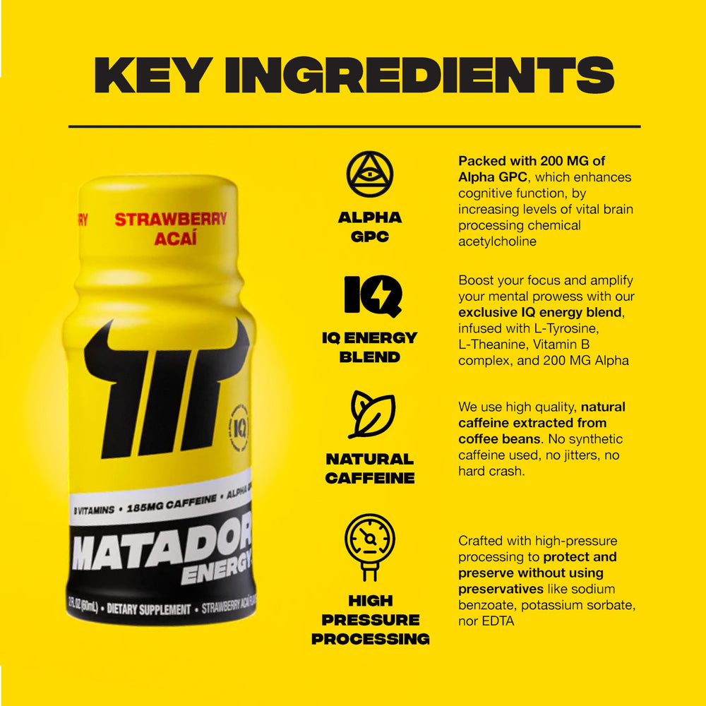 MATADOR sugar-free energy shot label, no artificial flavors or colors